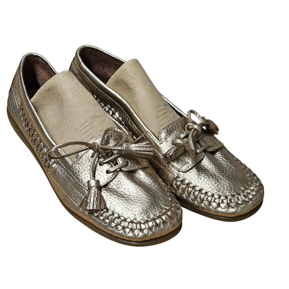 Aerosoles Leather Moccasin Size 7 Womens Lace Up Gold Metallic Comfort Flats Y2k
